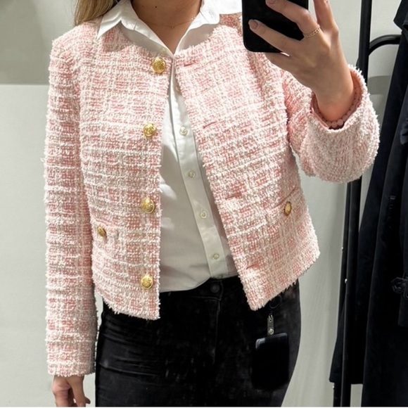 Express Pink Plaid Tweed Boucle Jacket NWT - Picture 3 of 4
